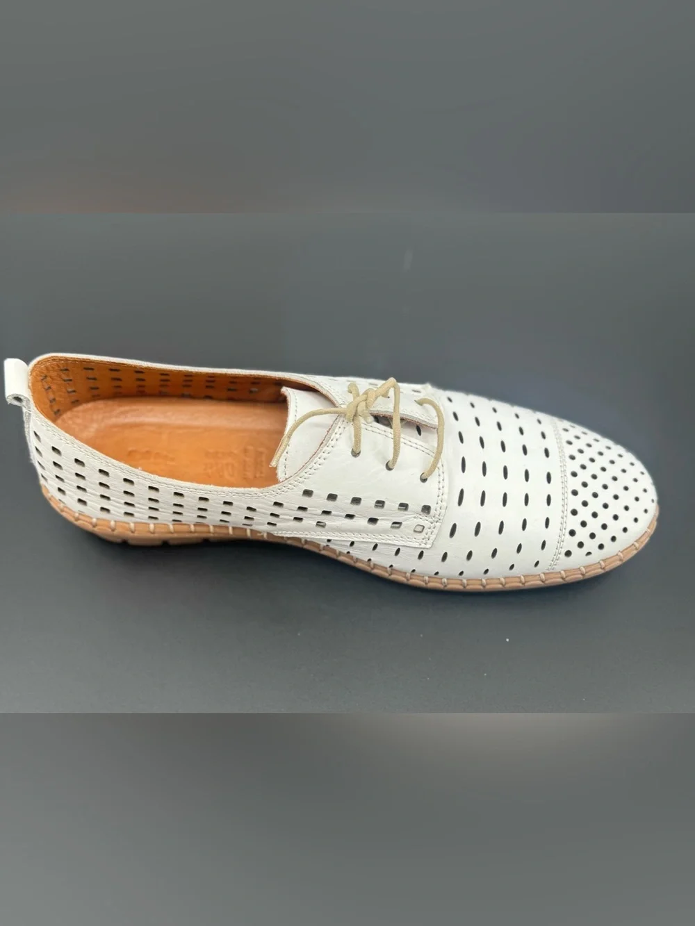 Spring Step Men’s White Perforated Leather Slip-On with Tan Sole Size 8